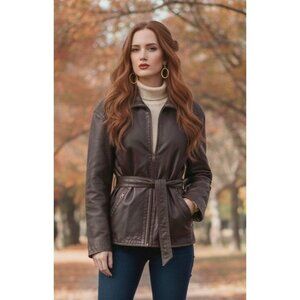 VTG 80s 90s Womens Leather Chocolate Brown Belted Fur Lined Jacket - L Old Money